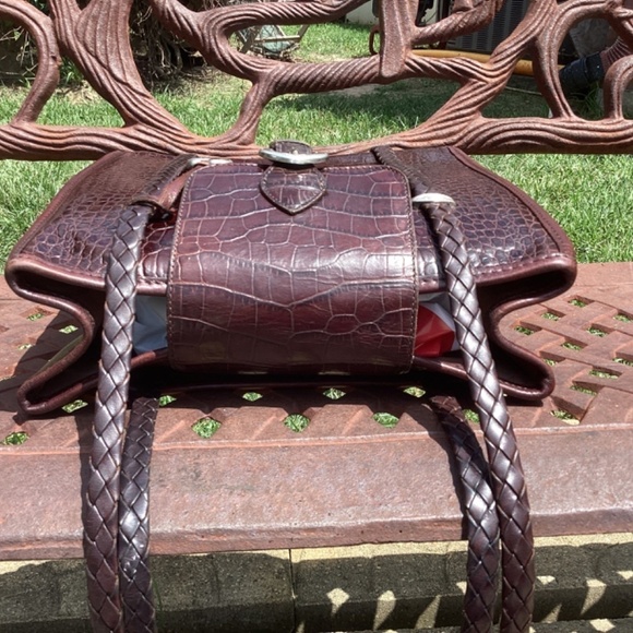 Vintage Brighton Mahogany Silver Flap Top Croc Embossed Leather Messenger Bag - Picture 6 of 9